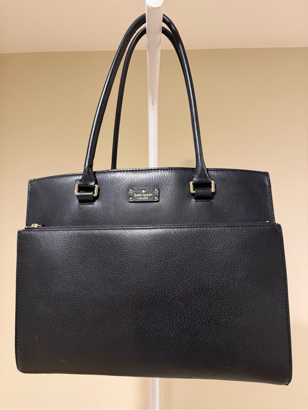kate spade Black Leather Structured Tote with Front Pocket